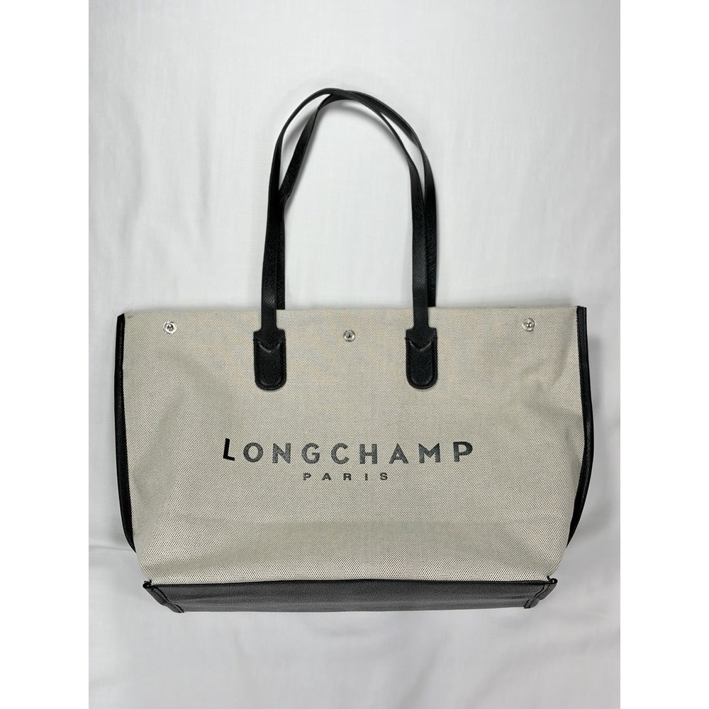 Longchamp Essential Toile Tote Bag Off-White Canvas Black Leather Trim France